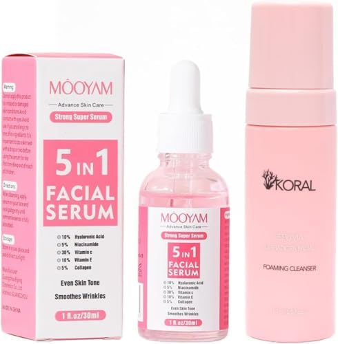 KORAL - Kit rutina Limpieza facial: Serum 5 en 1 Suero Facial, 30 ml - Ácido Hialurónico, Niacinamida, Vitaminas C y E, Calmante de Arrugas + Koral Limpiadora Espumosa GRATIS