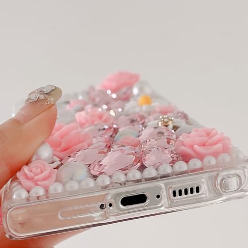 Image of Changjia for Samsung Galaxy S24 Ultra Glitter Bling Case, Cute Luxury 3D Sparkle Crystal Rhinestone Flowers Diamond Pearl with Lanyard Wrist Strap Women Girls Case for Galaxy S24 Ultra 6.8 Inch (Pink)