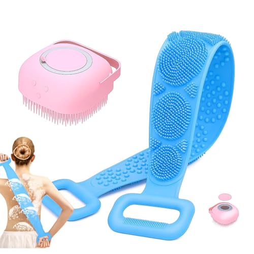 Image of Silicone Bath Brush with Long Handle - Soft Bristles Back Scrubber for Shower | Body Massage - Exfoliating Dirt Removal Brush for Men | Women (Standard Body Comdo)