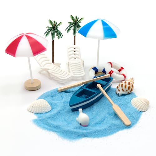IOPJLK Strand Deko Miniatur Set,16 Stück Strand-Miniaturlandschaft Dekoration,Sommer Strand Mikrolandschaft Con Muscheln Deko Sonnenschirm Miniliegestuhl Set für DIY Miniatur Deko Garten Dekoration