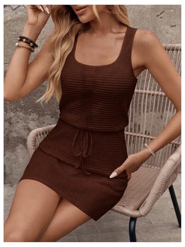 Image of RoseSeek Women's Waffle Knit Belted Tank A Line High Waisted Dresses Square Neck Sleeveless Summer Short Dress