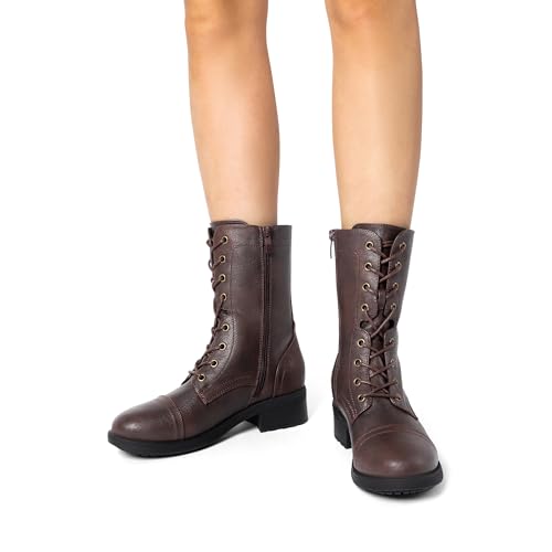 DREAM PAIRS Women's Lace up Mid Calf Combat Riding Military Boots,Size 9.5,Dark Brown