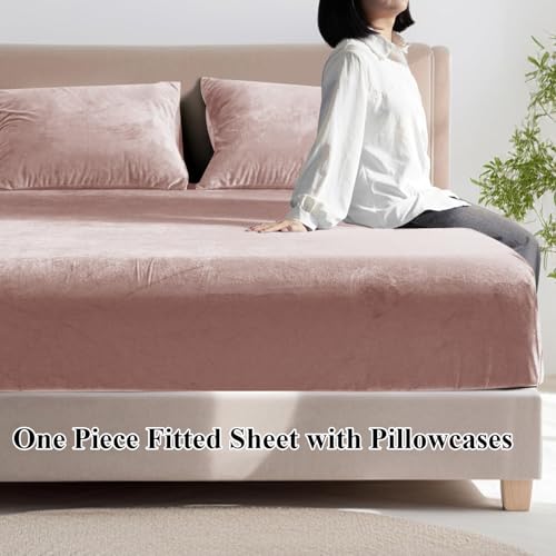 Image of Cloth Fusion 200 TC Warm Winter Elastic Fitted Bedsheet for Double Bed King Size with 2 Pillow Covers, Cozy Woolen Bedsheets for Double Bed (78X72X8 inches, Blush Pink)