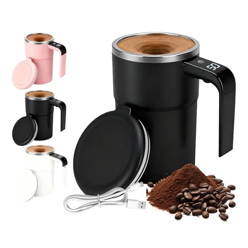 380ml Magnetische Selbstrührende Tasse mit Temperaturanzeige, Wiederaufladbarer intelligente kaffeetasse mit Deckel, Selbstrührender Kaffeebecher für Kaffee, Milch und andere Getränke (Schwarz)