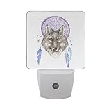 naanleのセット2パープルドリームキャッチャーwith Feather Colored Pencil Drawing Wolf自動センサーLED Dusk to Dawnナイトライトプラグinインドアfor Adults image