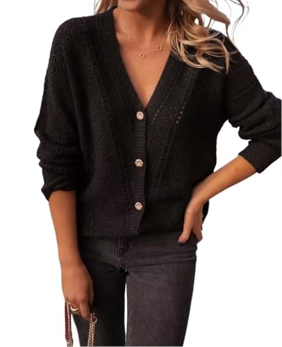 Image of AIMITAG Cropped Cardigan Sweaters for Women Fall Long Sleeve Crochet Knit Shrug Open Front V-Neck Button up Tops