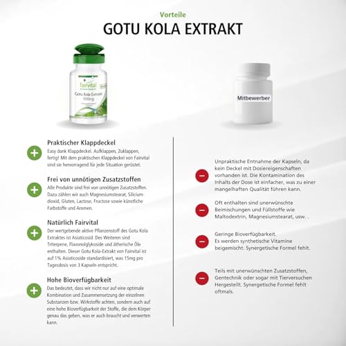 fairvital Gotu Kola, 120 Kapseln, mit 500mg Centella Asiatica Extrakt pro Kapsel, HOCHDOSIERT, VEGAN