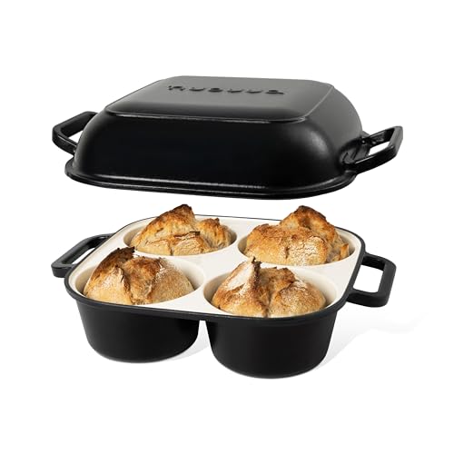 QuadPro Enamelled Cast Iron Bread Loaf Pot Dutch Oven for Sourdough Bread Baking 500F Oven Safe Non Stick Bread Pot 4 Round Loaf Spaces (4.90-inch Diameter) Black by Nuovva