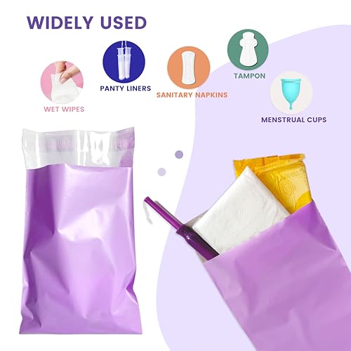 Image of Disposal Sanitary Napkin Bags, 200 Pcs, Purple Disposable Plastic trash bag with Self-sealing for Odor-proof, disposal of Feminine Hygiene or Pet Waste, 10 inch x 6 inch