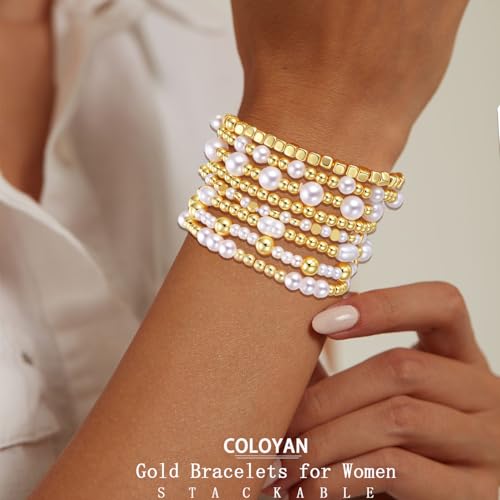 COLOYAN 10-Piece Stackable Gold Bead Bracelet Set for Women, Elegant Cross and Pearl Elastic Wristbands - Image 2