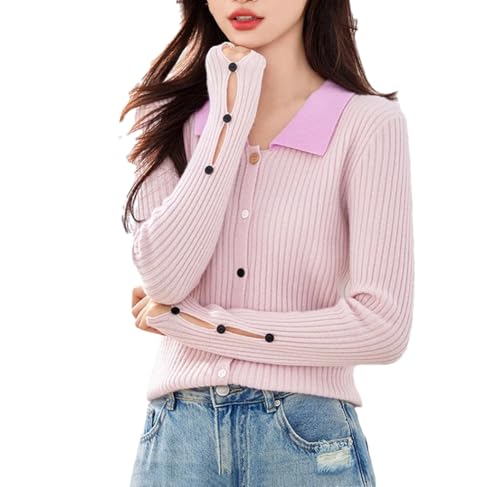 Women's Turn-Down Collar Cardigan Long Sleeve Knitted Sweater Slim Fit Tops