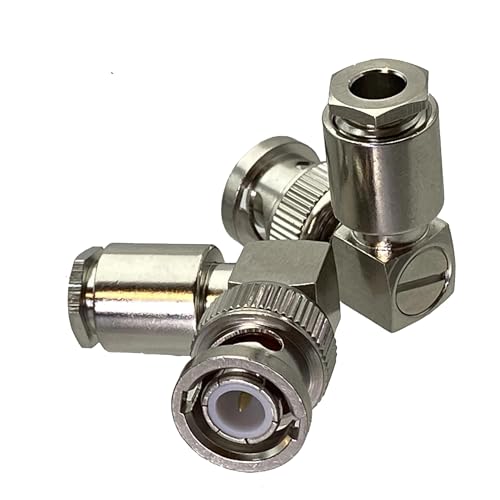 Conector BNC macho para cable RF coaxial RG58 acodado con sistema de abrazadera rígida