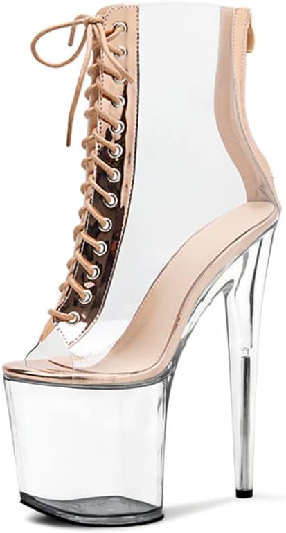 8 inch Summer Clear Gold Pole Dance Shoes Platform Exotic Stripper 20cm Open Toe Rransparent Lace Ankle Boots (8 inch heel, Silver, numeric_9_point_5)…