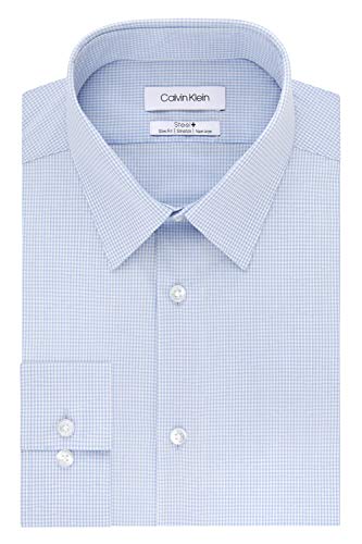 Calvin Klein Men's Dress Shirt Non Iron Stretch Slim Fit Point Collar Check, Sky Blue, 16.5