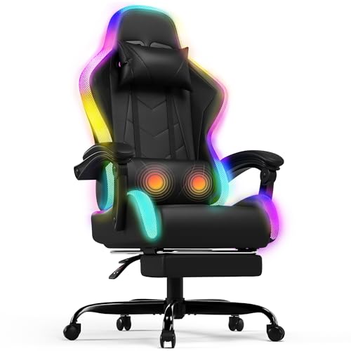 Devoko Chaise Gaming Ergonomique avec LED RGB, Massage Lombaire & Repose-Pieds – Fauteuil Gamer avec Appui-tête réglable – Dossier inclinable & Hauteur Ajustable...