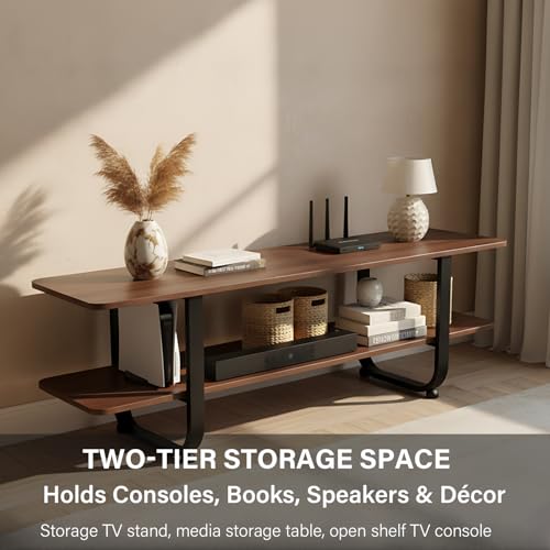 Image of Tiita Walnut Bamboo TV Stand for 65-Inch TVs, 2 Open Shelves, Media Console