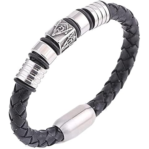 Bracelet Men's Stainless Steel Masonic Freemason Leather Braided Bracelet, Handmade Woven Master Mason Symbol Rune Bead Bangle,Fashion Middle Ages Biker Jewelry (Size : 21.5 Centimetres) Cover