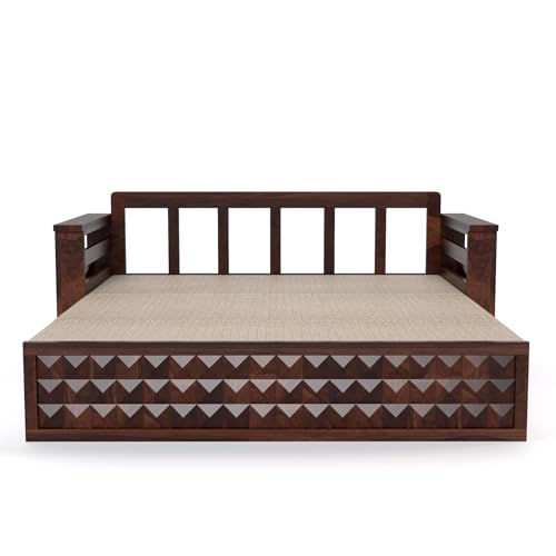 Image of Mamta Furniture Solid Sheesham Wood Sofa Set 3 Seater Furniture Wooden 3 Seater Sofa Cums Bed for Home Living Room with Cushions (Walnut with Cream, 3 Seater Design 2)