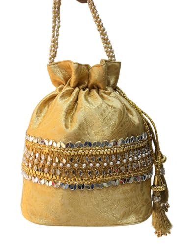 Image of MILAN'S CREATION Banarasi Silk Brocade Potli Bag Purse With Base Drawstring Women's handbag with Pearl Handle & Tassel Weddings