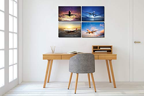 Artsbay 4 Piece Airplane Wall Art Plane Flying In Sky Over Blue Sea Sunrise Landscape Pictures Aircraft In Golden Sunset Wall Decor Modern Gallery Wrapped Home Decor For Boys Kids Living Room Bedroom #TOP3