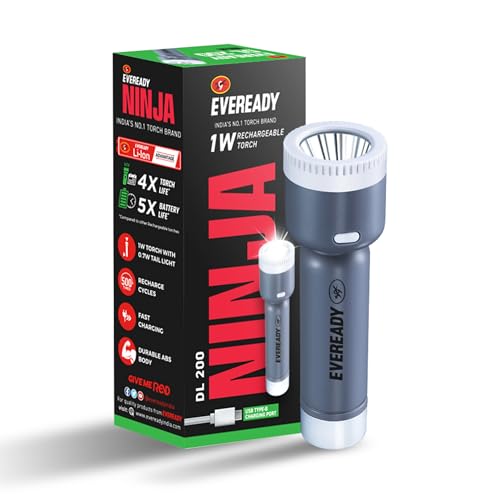 Eveready DL 200 Ninja, 1W LED Reachargeable Torch, Comes with 0.7W Tail Light, Pack of 1