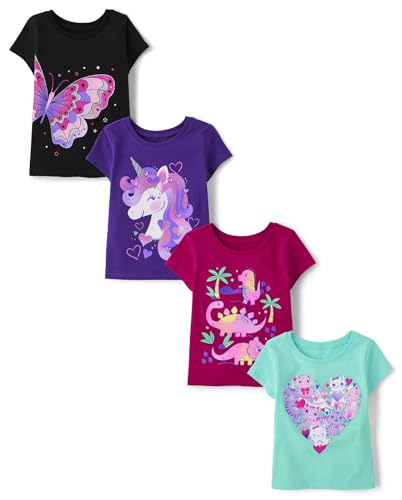 The Children's Place,Baby Girls,and Toddler Animals Short Sleeve Graphic T-Shirts,Multipacks,Dino/Unicorn/Animal/Butterfly 4-Pack,4 Years