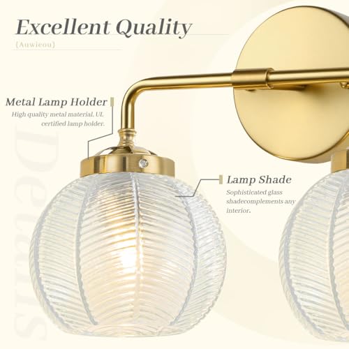 Image of Vintage Bathroom Vanity Lights Over Mirror, 2 Light Gold Wall sconces with clear Glass Shade Bathroom Light Fixture mid Century Wall Sconce Light Glass Wall Lighting for Bedroom Doorway Hallway