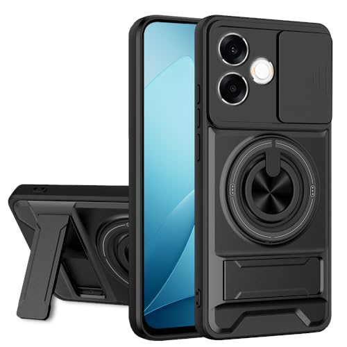 Image of AESTMO Oppo F33 Pro 5G Back Cover | Armor Camera Slider 360 Degree Rotating Finger Ring Holder Case with Bracket Stand Back Case Cover (Compatible with MagSafe Accessories) (Black)