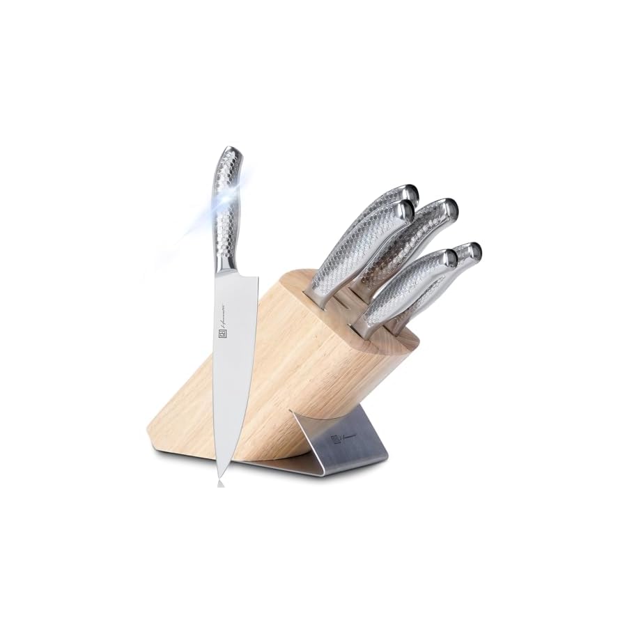Hanmaster Kitchen Knife Set, One-piece Stainless Steel Knife Sets for Kitchen with Block, 6 Pieces Solid Natural Wood Knife Block Set, Box Packed, Silver.