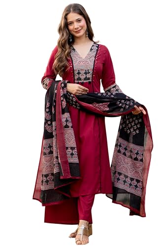 Image of Amayra Women's Pure Cotton A-Line Kurta Set with Palazzo Pants & Dupatta|Ethnic wear|Kurti Suit Set for Women