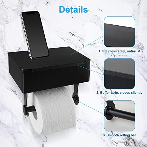 Toilet Paper Holder with Flushable Wipes Holder and Shelf for Bathroom, Stainless Steel Wall Mount Tissue Holder Paper Roll with Wipe Storage Matte Black