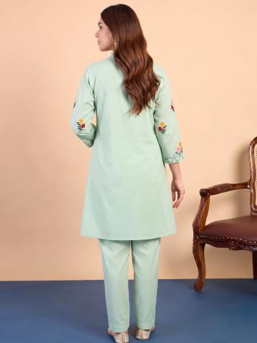 Image of ANNI Designer Women Kurta Set | Cotton Embroidered A-Line Kurta with Pant Co-ord Set | 3 /4 Sleeve Mandarin Collar Kurti Set for Women | Daily Office Party Wedding Ethnic Suit