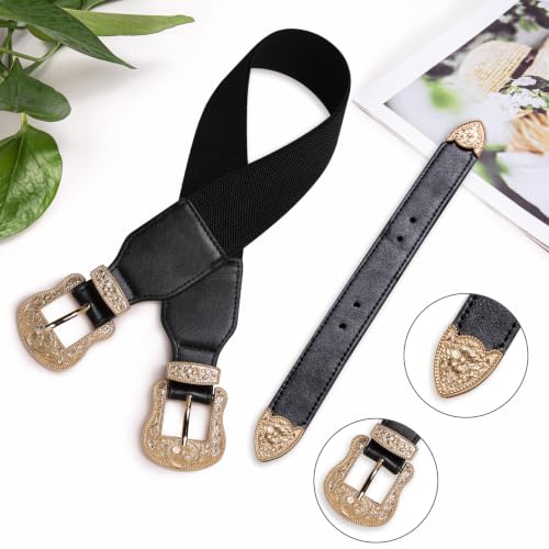 Image of Womens Belt Chain Leather Belts Vintage Western Adjustable Elastic Double Buckle for Cowboy Pant Dress