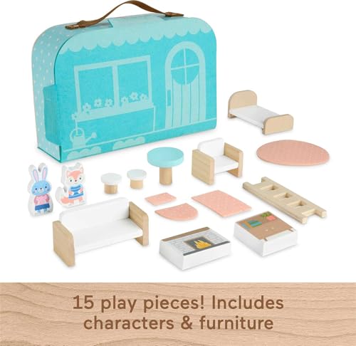 Fisher-Price Wood Pretend Play Toy Dollhouse Carry Along, 15-Piece Wooden Portable Playset for Travel Preschool Kids Ages 3+ Years - Thumbnail 5