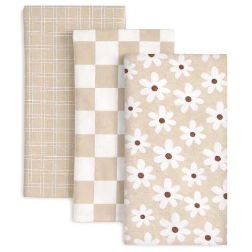 JarThenaAMCS 3 Packs Kitchen Towels Reusable Geometric Beige Checkered Flower Boho Modern Retro Tea Towel for Cooking Baking Party Supplies 18 x 24 Inch
