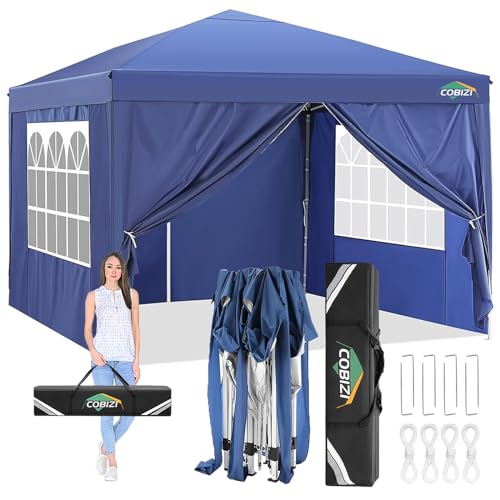 COBIZI Pavillon 3x3 Wasserdicht Faltpavillon mit 4 Seitenteilen Freiluft Faltpavillon Stabile UV-Schutz 50+ Pop Up Gartenpavillon Partyzelt für Freien, Garten, Party, Hochzeit, Markt (3x3m Blau)