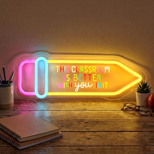 Retisee Motivational Pencil LED Neon Signs with Back to School Wall Decoration 17 x 6 Inches for Classroom Study Area Library