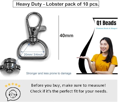 Image of Q1 Beads 10 Pack Steel 40x20 mm Lobster Claw Clasps - Wide 3 /4 Inch D Ring - 360 Swivel Trigger Snap Hooks - Great for DIY Lanyards, Keychain Clasps - Swivel Hooks for Purses by Specialist ID Card
