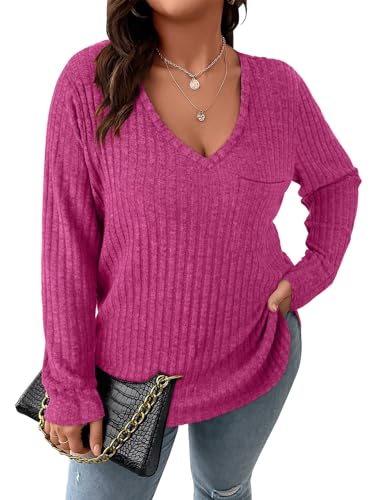 Image of Koscacy Women Plus Size Casual Knit Sweater with Pocket V Neck Solid Color Tops Lightweight Long Sleeve Blouses