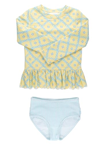 RuffleButts Baby/Toddler Girls Scalloped Long Sleeve Rash Guard 2-Piece UPF50+ Sun Protected Swimsuit - Banana Coastal Charm, 5