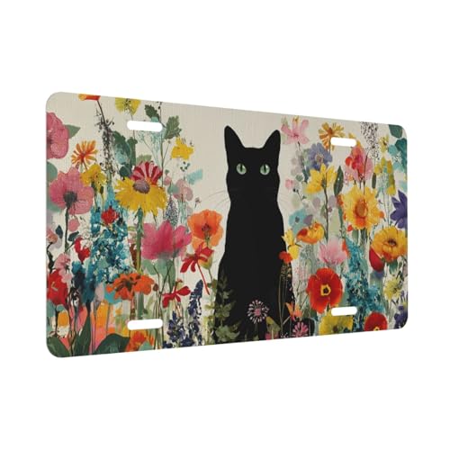 Front License Plate Cover, Cat Flower Car Decor Accessory Aluminum Metal Rust-Proof US Car Plate Novelty Vanity Tag Cover Decorative with 4 Holes for Men Women 6 * 12 in