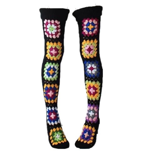 Granny Square Crochet Leg Warmers, Thigh-High Knit Stockings in Black Multi Cozy Winter Leg Warmers for Women3