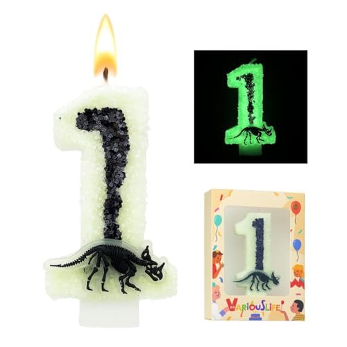 Glow in The Dark Dinosaur Birthday Candle Number 1 for Boy Jurassic Skeleton Theme Party