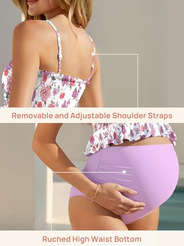 Image of Summer Mae Maternity High Waist Swimsuit Ruffle Hem Bikini Bathing Suit Shirred Bandeau Two Piece Pregnancy Swimwear