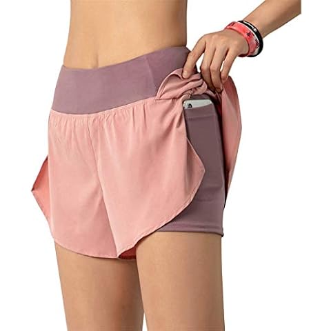 ORANDESIGNE 2 in 1 Damen Laufshorts Yoga Sport Shorts Atmungsaktiv Fitnessshose Outdoor Sporthose Traningshose Kurze Hose Fitness Running Workout Shorts Rosa XXL Cover