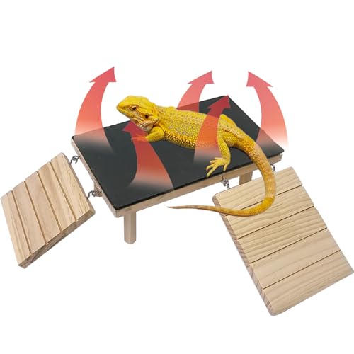 GXSDJ Wooden Bearded Dragon Basking Platform with Heat Storage Slate Stone, Reptile Basking Platform with Climbing Ramp, Bearded Dragon Hideout for Geckos, Snakes, Leopard, Lizards, Turtles (Large)