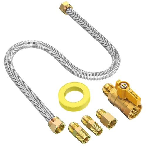 One-Stop Gas Appliance Hook-Up Kit 24 Inch Flexible Stainless Steel Gas Line Connector with 1/2 Brass Shut Off Valve & Fittings for Tankless Water Heater Dryer Stove Range 1/2 OD x 3/8 ID
