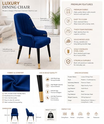 Image of 6 Seater Dining Table Set with 6 Upholstered Chairs Included, Nano Composite Marble Top, Solid Wood Base, 2 Year Warranty - Modern Dining Room Furniture (Blue)