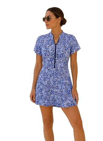 Women’s Blue Paisley Zip-Front Swimdress-image-40