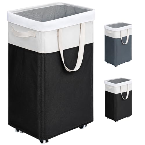 Image of Goodpick Rolling Laundry Hamper with Wheels 75L, Black Laundry Hamper for Dirty Clothes, Collapsible Laundry Basket with Removable Wash, Black Laundry Basket with Wheels
